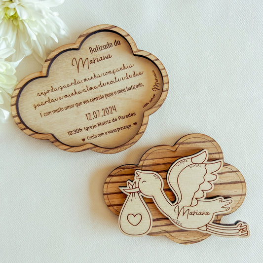 Conjunto Convite e Lembrança de Batizado – Modelo Cegonha