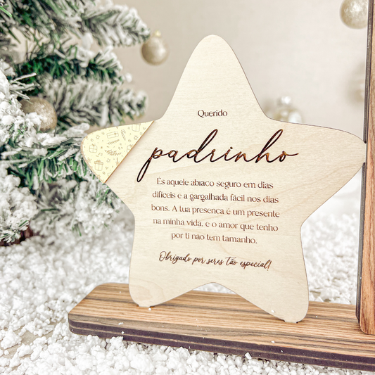 Moldura e Estrela Pau-Ferro – Prenda Natal Personalizada Padrinho