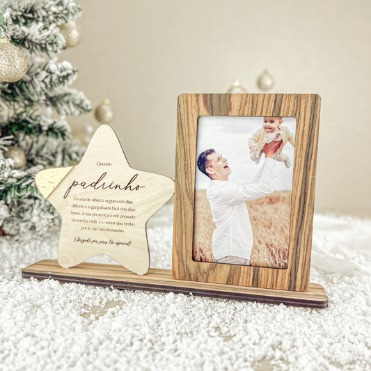 Moldura e Estrela Pau-Ferro – Prenda Natal Personalizada Padrinho