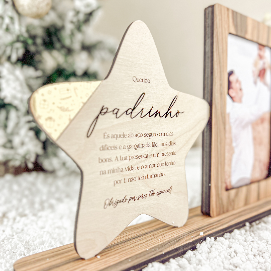 Moldura e Estrela Pau-Ferro – Prenda Natal Personalizada Padrinho