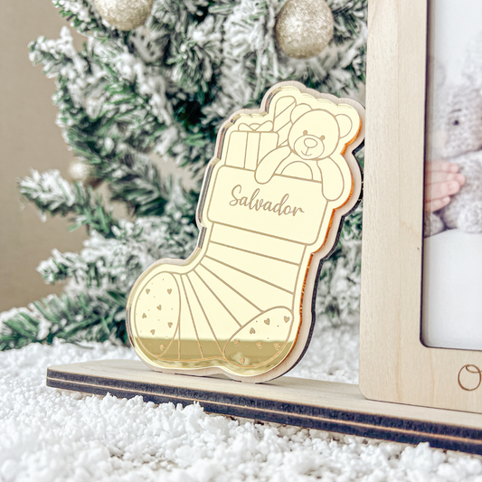 Moldura Bota Dourada – Lembrança 1.º Natal Bebé com Nome