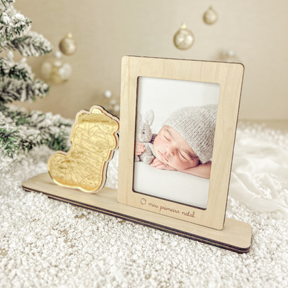 Moldura Bota Dourada – Lembrança 1.º Natal Bebé com Nome