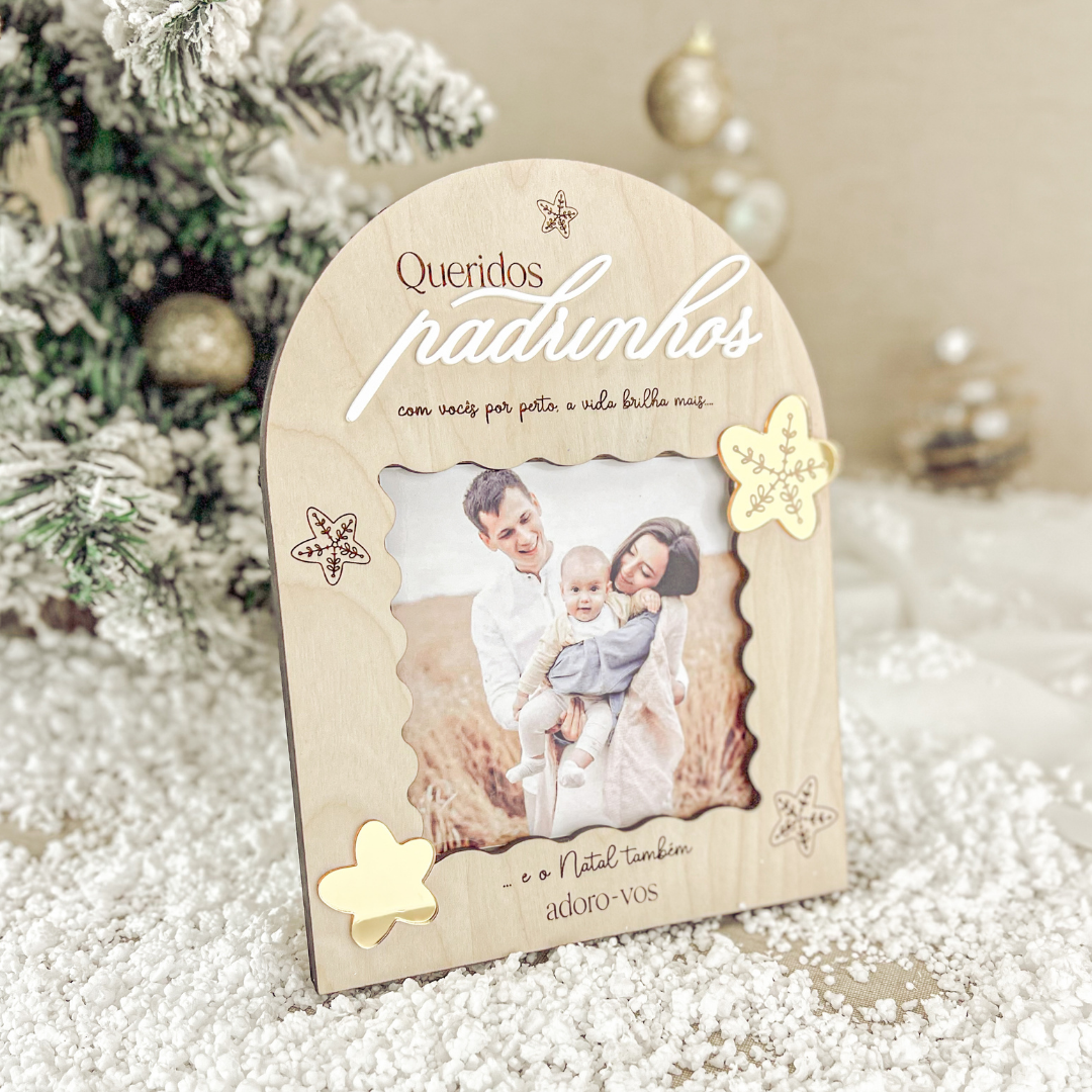 Moldura Topo Redondo “Padrinhos” com Estrelas Douradas (15x20cm)