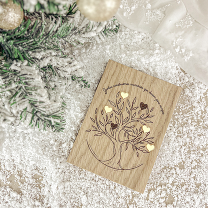 Moldura Livro em Madeira com Árvore e Corações Dourados – Prenda de Natal Personalizada para Avós