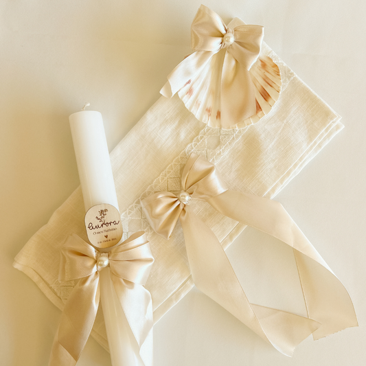 Conjunto de Batizado com Vela Personalizada, Concha e Toalha