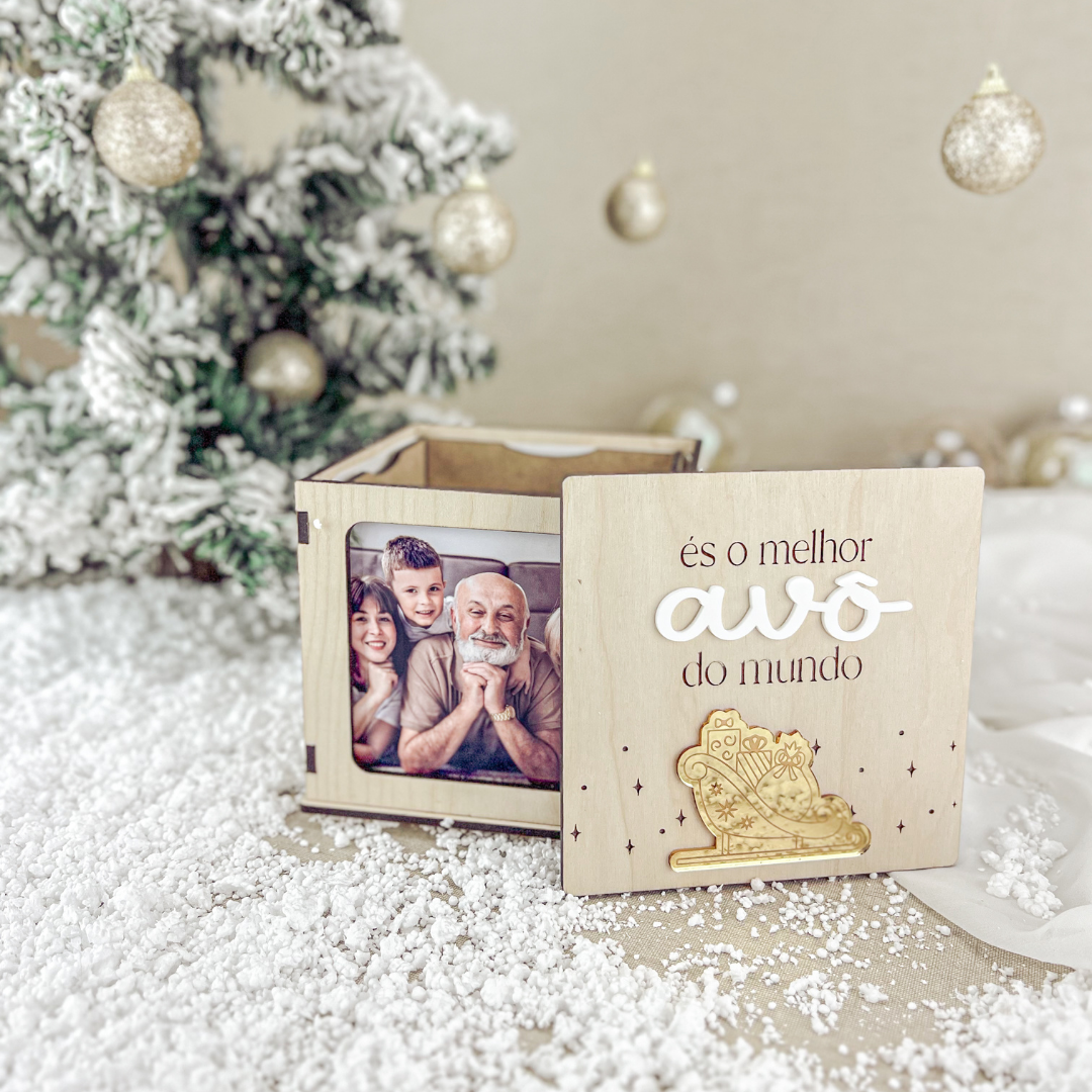 Cubo Fotográfico “Avô” com Trenó Dourado (12x12cm)