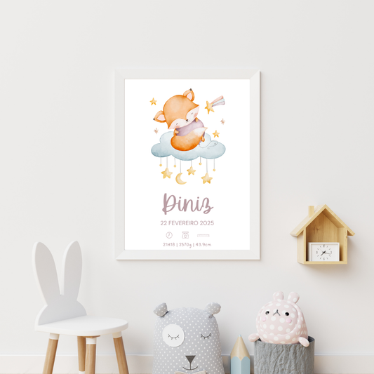 Quadro de Nascimento Personalizado – Raposa na Nuvem